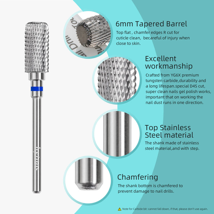 HYTOOS Safety Nail Drill Bits 13mm Barrel Dust Proof D4S Right-handed Carbide Drill Bits for Nails Electric Manicure Drills Tool