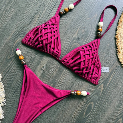 Sexy marrone bikini set 2026 donne perle cinturino foro fuori reggiseno push up perizoma costume da bagno brasiliano spiaggia costume da bagno micro costumi da bagno platinumshop