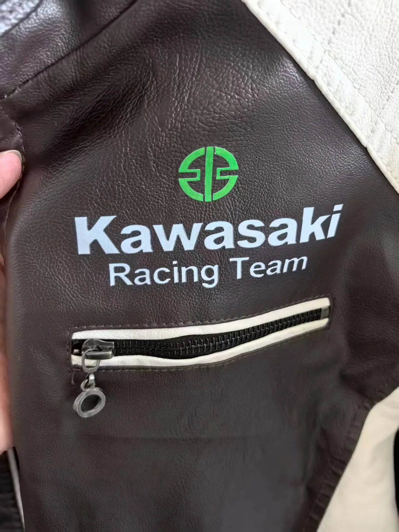 Kawasaki waterproof leather motorcycle jacket, pilot style warm coat, fashionable retro style, stand-up collar equestrian style