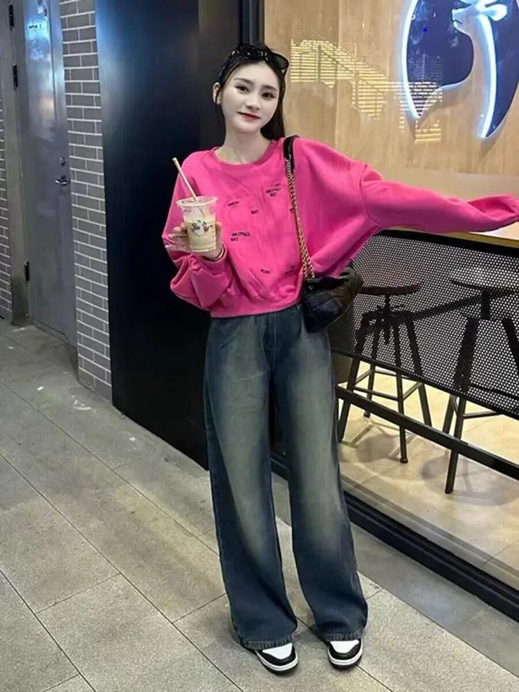 Women Letter Print Sweatshirt Hot Pink Batwing Sleeve Cropped Hoodie Loose Pullover Cute Fall Winter Streetwear 2026 New