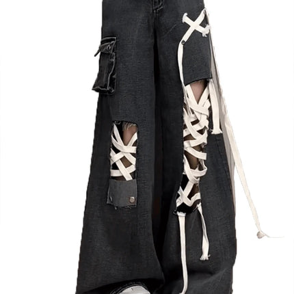 Estate allentata a figura intera Street Lace-Up scava fuori pantaloni a gamba larga femminili American Simple Washed Distressed Fashion Jeans da donna