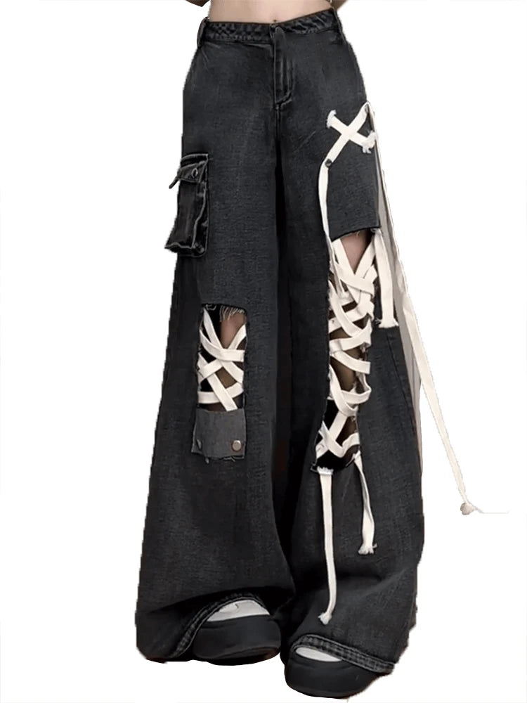 Estate allentata a figura intera Street Lace-Up scava fuori pantaloni a gamba larga femminili American Simple Washed Distressed Fashion Jeans da donna