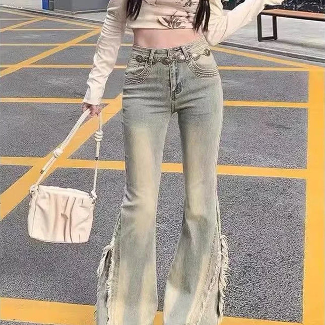 Jeans blu vintage da donna a vita alta americani retrò anni '90 materia prima design bordo Y2k pantaloni in denim streetwear jeans a gamba larga