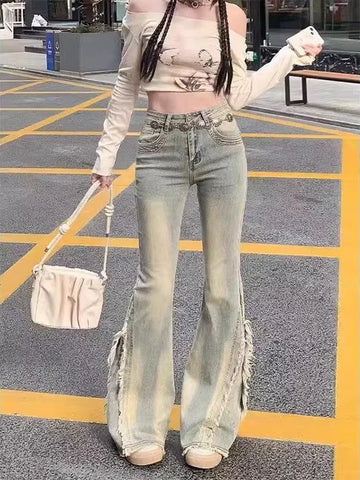Jeans blu vintage da donna a vita alta americani retrò anni '90 materia prima design bordo Y2k pantaloni in denim streetwear jeans a gamba larga