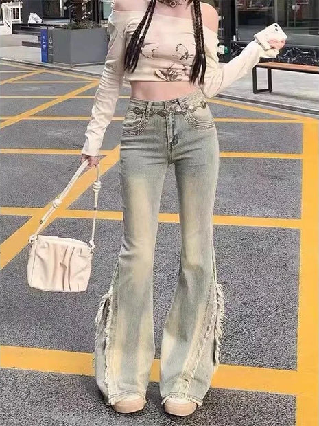 Women's Vintage Blue High-Waisted American Retro 90s Raw Edge Design Y2K Streetwear Denim Jeans Wide-Leg Pants