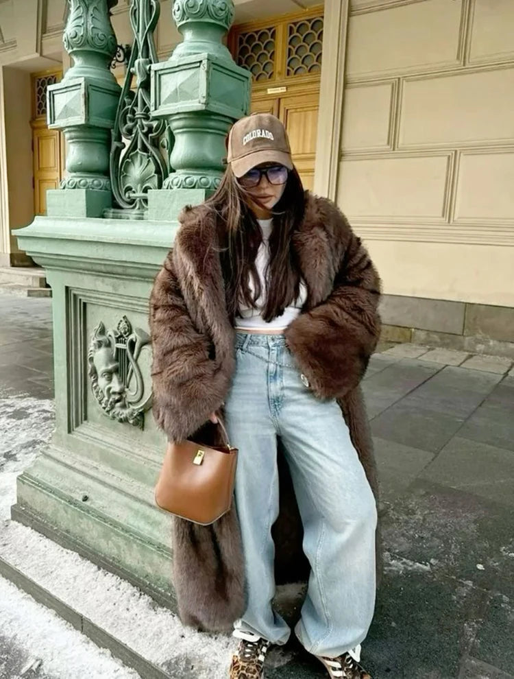 ZADORIN 120cm Super Long Luxury Winter Brown Faux Fur Coat Woman Elegant Belted Lapel Thick Fluffy Fur Jacket High Quality Coats