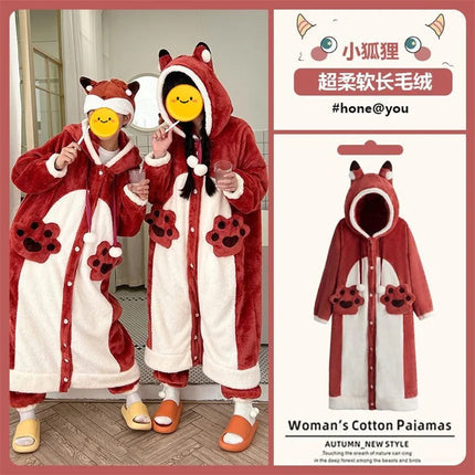 Cartoon Animal Fox Pajamas Women's Winter Coral Fleece Thickened One-Piece Plush Cute Long Hooded Plus Size Robe Home Wear