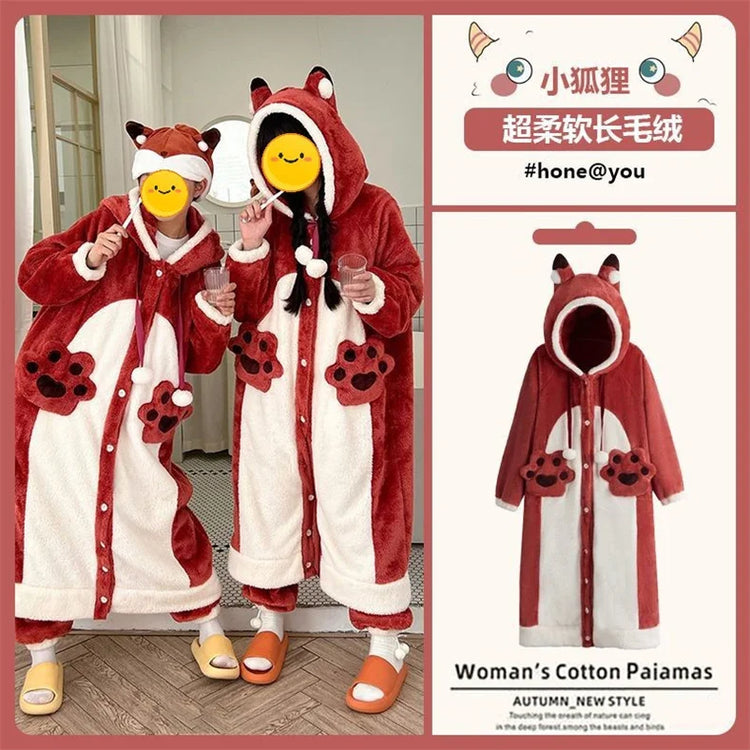 Cartoon Animal Fox Pajamas Women's Winter Coral Fleece Thickened One-Piece Plush Cute Long Hooded Plus Size Robe Home Wear