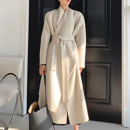 Luxury Hand-sewn Double-sided Cashmere Wool Coat Women New Mid-length Scarf Collar Loose Lace-up Warm Wool Coat Fashion Winter