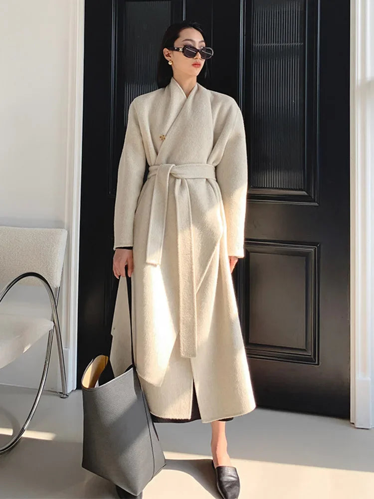 Luxury Hand-sewn Double-sided Cashmere Wool Coat Women New Mid-length Scarf Collar Loose Lace-up Warm Wool Coat Fashion Winter