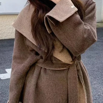 UCXQ Color Blocked Double Sided Wool Coat For Women Hooded Long Sleeved Belt Cardigan Coats 2025 Autumn Winter New Tide 23Z3934