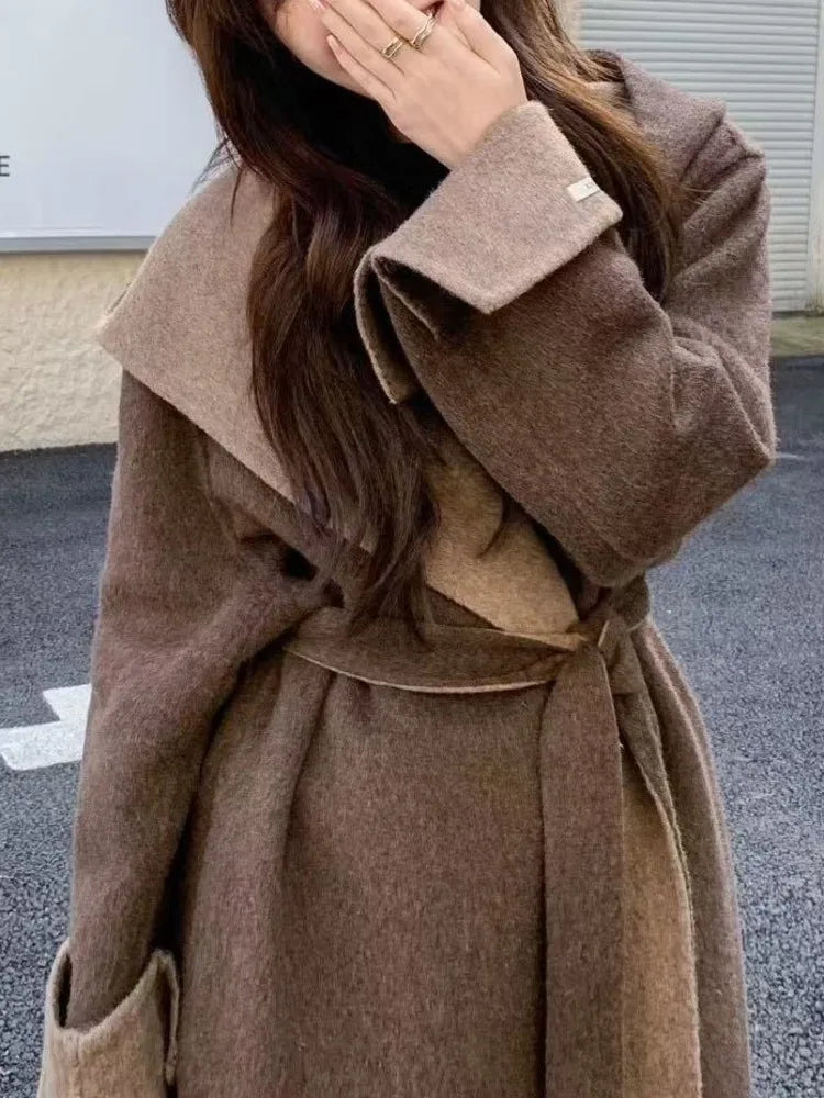 UCXQ Color Blocked Double Sided Wool Coat For Women Hooded Long Sleeved Belt Cardigan Coats 2025 Autumn Winter New Tide 23Z3934