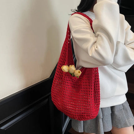 Crochet Crossbody Bag Hollow Beach Leisure Handbag Solid Color Summer Holiday Woven Shoulder Bag