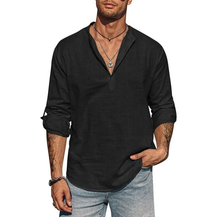 Men's Cotton Long Sleeve Mandarin Collar Linen Shirt Lightweight Breathable T-Shirt Streetwear Hawaiian Half Shirt Big