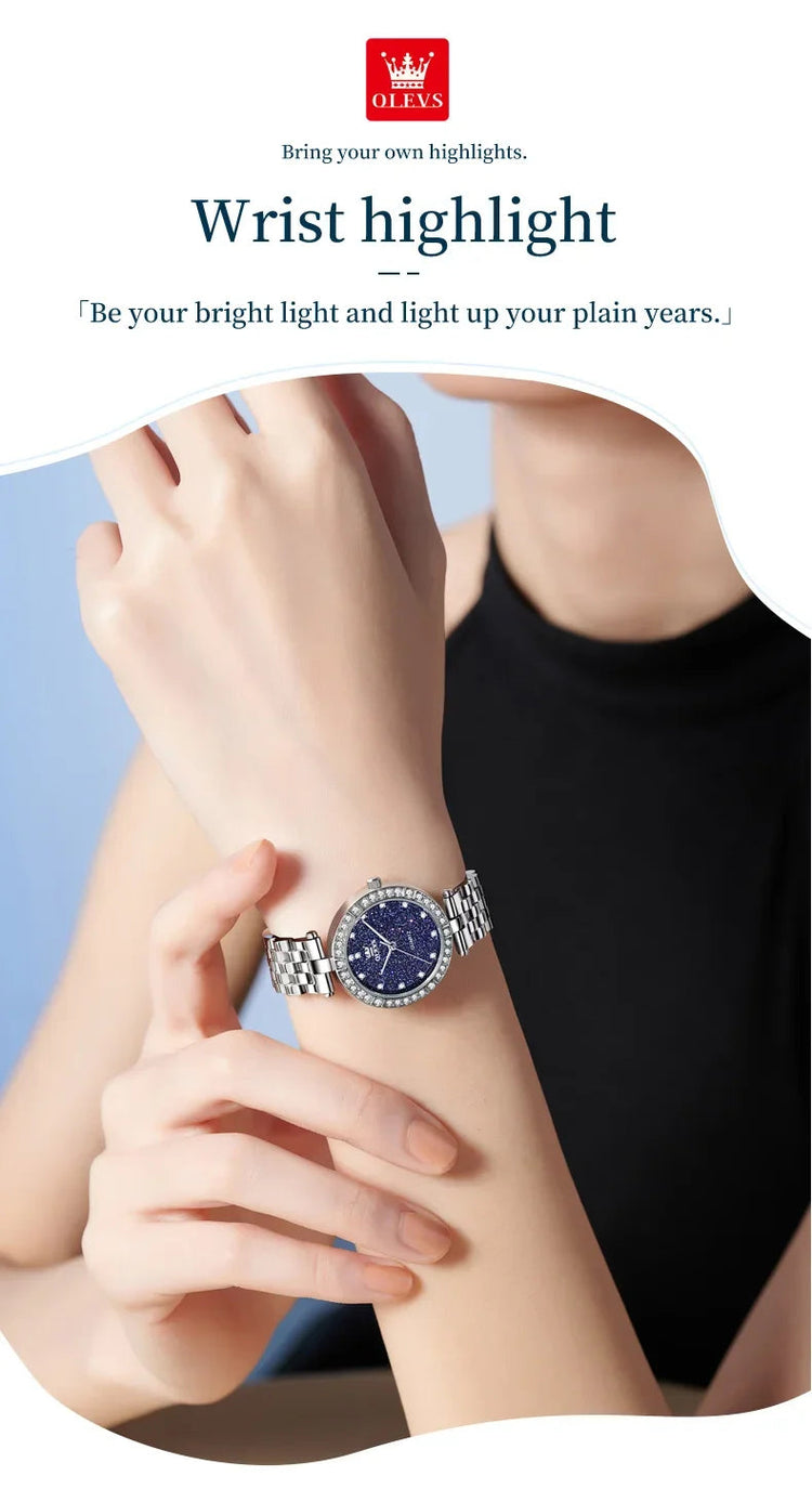 OLEVS 3641 Elegante orologio al quarzo da donna impermeabile Quadrante stellato luminoso in acciaio inossidabile con confezione regalo - Accessorio alla moda da donna platinumshop
