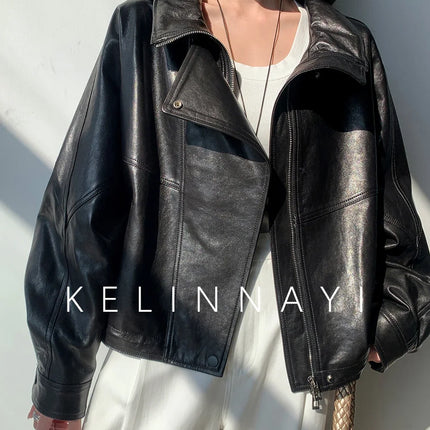 Waxed Sheepskin Genuine Leather Moto Biker Jacket Women Cropped Stand Collar Zip Up Snap Button Loose Casual Autumn Outwear 2026