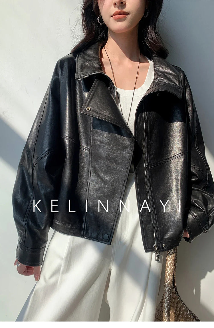 Waxed Sheepskin Genuine Leather Moto Biker Jacket Women Cropped Stand Collar Zip Up Snap Button Loose Casual Autumn Outwear 2026