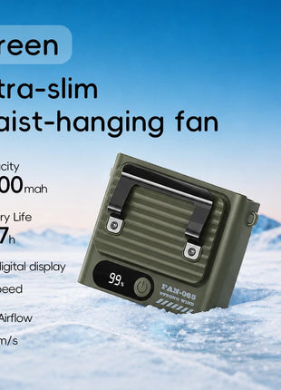 Nuovo Ventilatore Portatile da Cintura per Esterni 4000mAh USB, Mini Ventilatore Multifunzione con 5 Velocità e Display Digitale, Ricaricabile