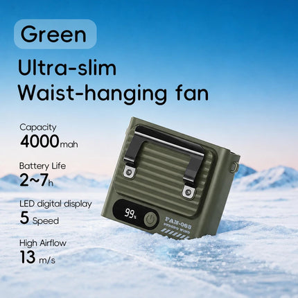 Nuovo Ventilatore Portatile da Cintura per Esterni 4000mAh USB, Mini Ventilatore Multifunzione con 5 Velocità e Display Digitale, Ricaricabile