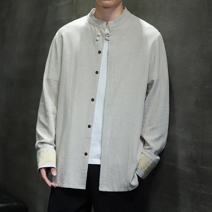 Camicie da Uomo di Alta Qualità con Ricami in Stile Cinese, Colletto Rialzato Retrò, in Lino Comodo e Traspirante, Camicie Casual da Uomo