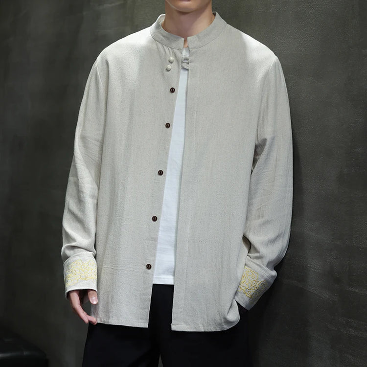 Camicie da Uomo di Alta Qualità con Ricami in Stile Cinese, Colletto Rialzato Retrò, in Lino Comodo e Traspirante, Camicie Casual da Uomo