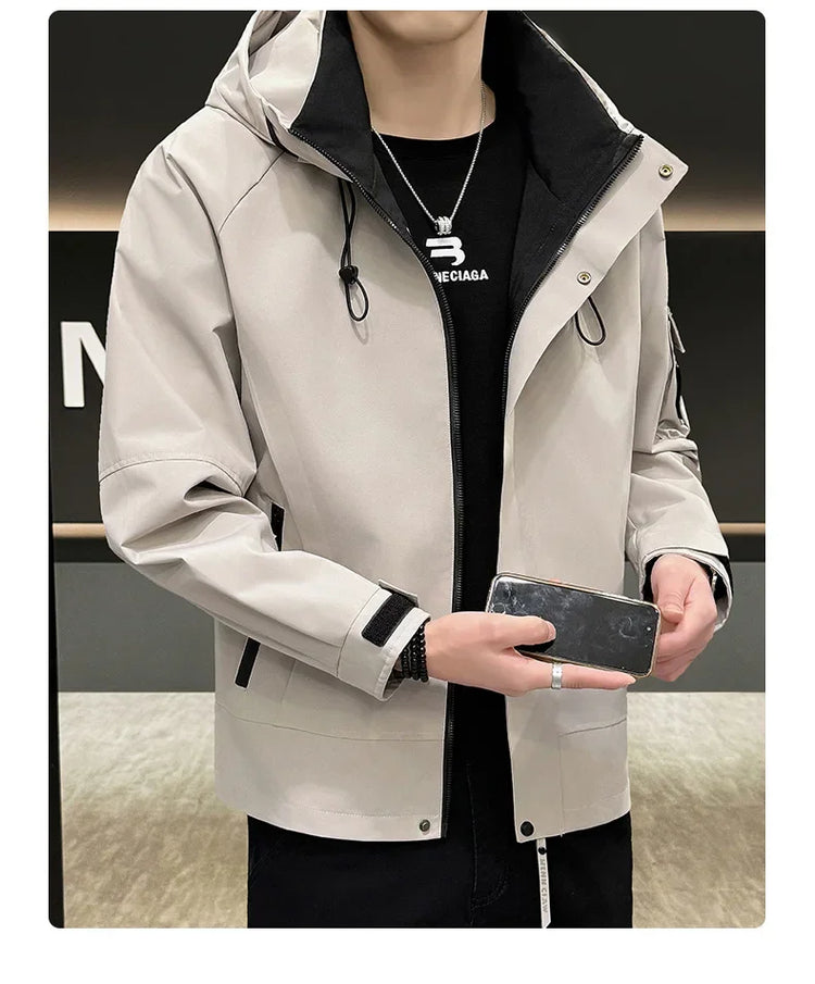 New Men's Fashion Casual Jackets Hooded Solid Zipper Pockets Camping Jackets Spring Autumn Brand Male Outdoor Sport Windbreaker
