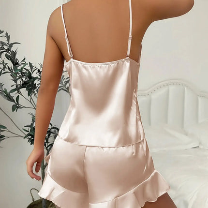 Pigiama semplice in raso con maniche lunghe, abito con cintura, scollo a V, top e pantaloncini, pigiama da donna platinumshop