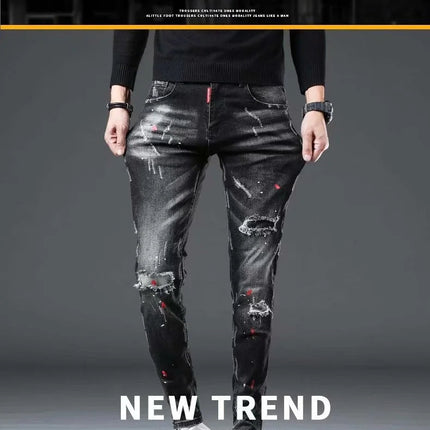 High Street  2022 Fashion Casual Ripped Jeans Men's Patch Teenagers Cowboy Paint Splash Ink Black Pencil Pants Skinny Jeans Men PlatiNum