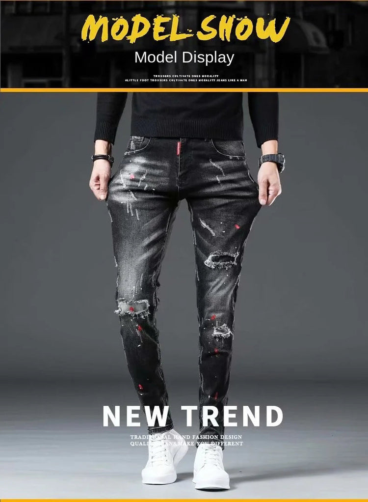 High Street  2022 Fashion Casual Ripped Jeans Men's Patch Teenagers Cowboy Paint Splash Ink Black Pencil Pants Skinny Jeans Men PlatiNum