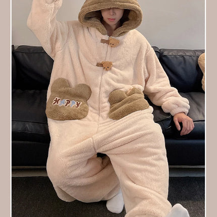 Winter Pajamas Cartoon Bear Costume Pijama Kawaii Adult Couples Kigurumis Sleepwear Jumpsuits Coral Fleece Loose Warm Homewear