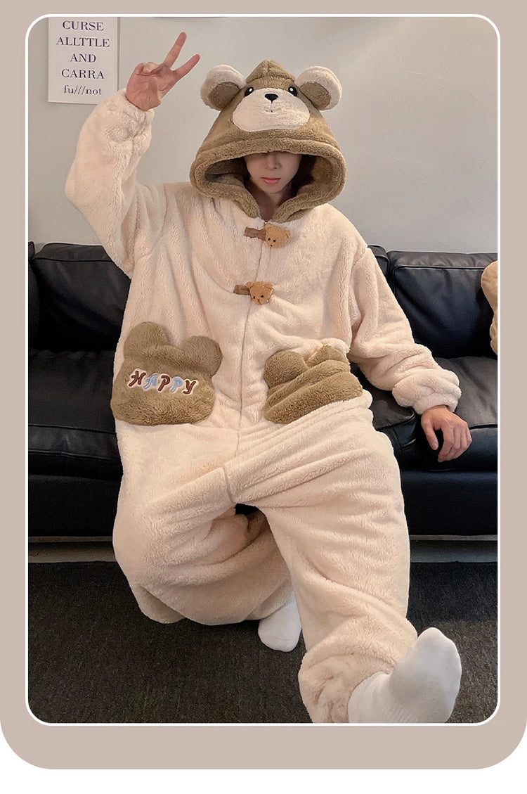 Winter Pajamas Cartoon Bear Costume Pijama Kawaii Adult Couples Kigurumis Sleepwear Jumpsuits Coral Fleece Loose Warm Homewear