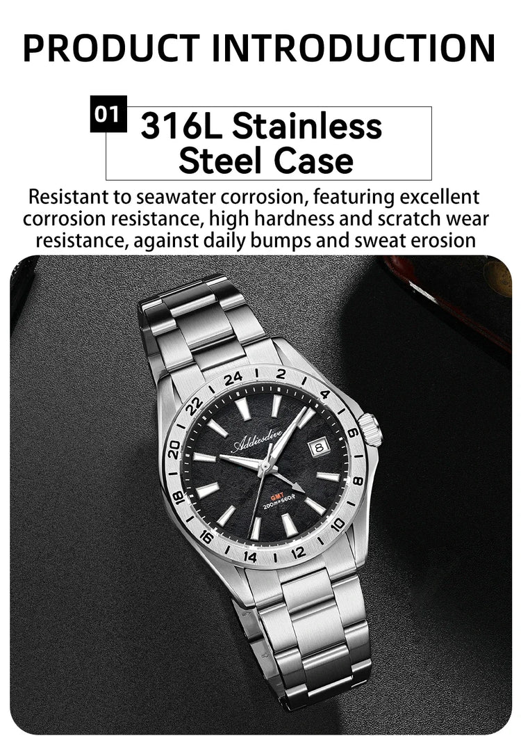 ADDIESDIVE Luxury Swiss Ronda GMT Watch 200M Water Resistant Dual Time Zone BGW9 Luminous 38mm Stainless Steel Quartz Movement