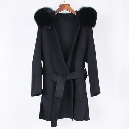 2024 New Oversize Ladies Outerwear Real Fur Coat Winter Jacket Women Natural Fox Fur Collar Cuffs Hood Cashmere Wool Woolen