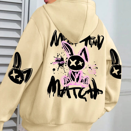 Mix And Match Cartoon Rabbit Prints Women Hoodie Pocket Streetwear Harajuku Loose Hoody All-Match Fleece Female Clothing