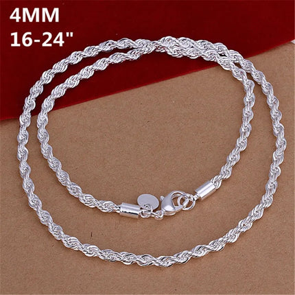 16-24inch for Women Men Beautiful Fashion 925 Silver Color Charm 4MM Rope Chain Necklace Fit Pendant High Quality Jewelry PlatiNum
