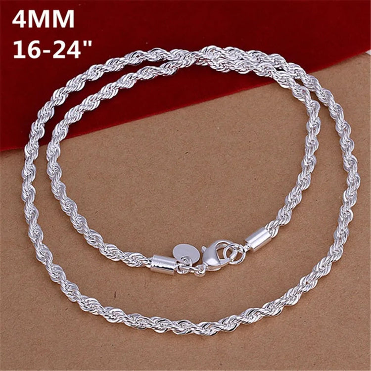 16-24inch for Women Men Beautiful Fashion 925 Silver Color Charm 4MM Rope Chain Necklace Fit Pendant High Quality Jewelry PlatiNum