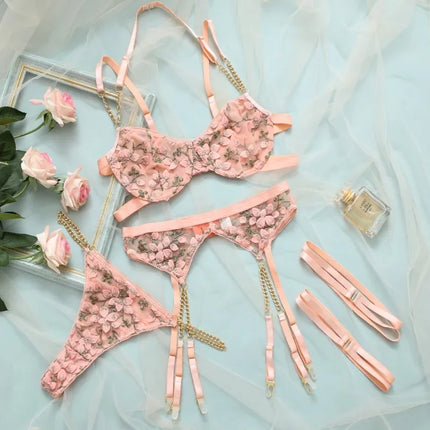 Sexy Embroidery Lingerie Suit Women Lace Embroidery Gathering Temptation Bra Lingerie Set Sexy Garters Underwear Suit