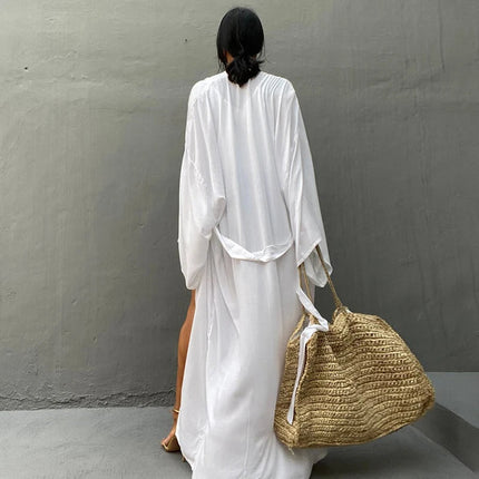 Solid Beach Cover Up Women Self Belted Wrap Kimono Dress Costume da bagno 2025 New Robe Summer Beachwear Fornitura in fabbrica platinumshop