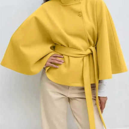 Autumn And Winter New Fashion Solid Color Cloak Stand-up Collar Button Belt Windbreaker Jacket Women's Temperament Commuting Top