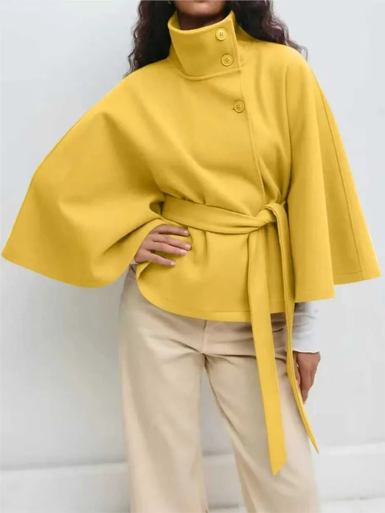 Autumn And Winter New Fashion Solid Color Cloak Stand-up Collar Button Belt Windbreaker Jacket Women's Temperament Commuting Top