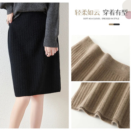 Women's Knitted Skirt 100% Merino Wool Sheath Skirt Solid Color Autumn/Winter Fashion Vertical Strip Wrap Hip Skirt Split Skirt PlatiNum