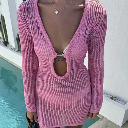 Elegante Abito in Maglia a Maniche Lunghe con Scollo a V, Mini Abito con Texture Circolare Traforata, Vestito Casual Aderente per Feste platinumshop