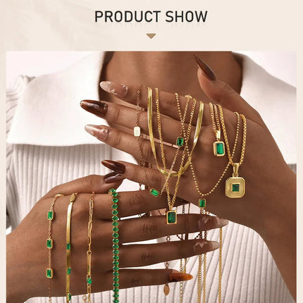 Retro Green Zircon Pendant Necklace For Women, Crystal Stone Chain Stainless Steel Gold Plated Luxury Birthday Gifts PlatiNum