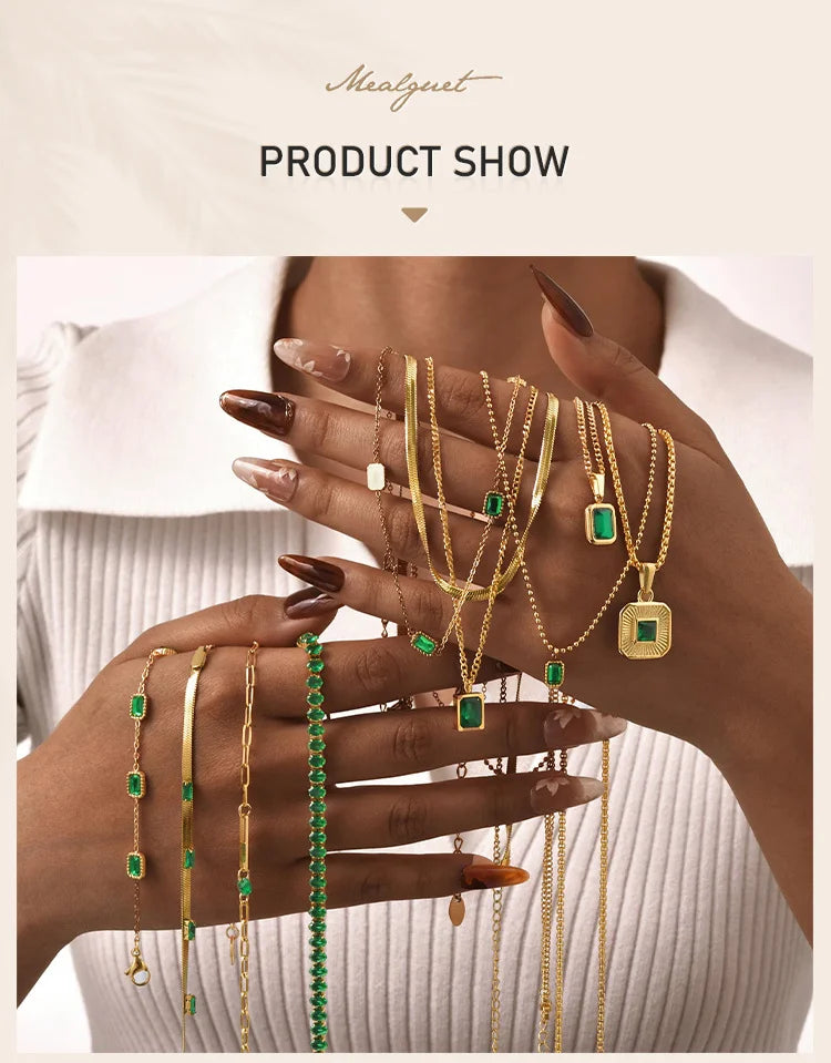 Retro Green Zircon Pendant Necklace For Women, Crystal Stone Chain Stainless Steel Gold Plated Luxury Birthday Gifts PlatiNum