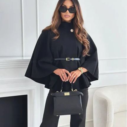 Women's Thick Turtleneck Batwing Sleeve Cape Coat with Single Button Elegant Three Quarter Length Top for Woman and Ponchos