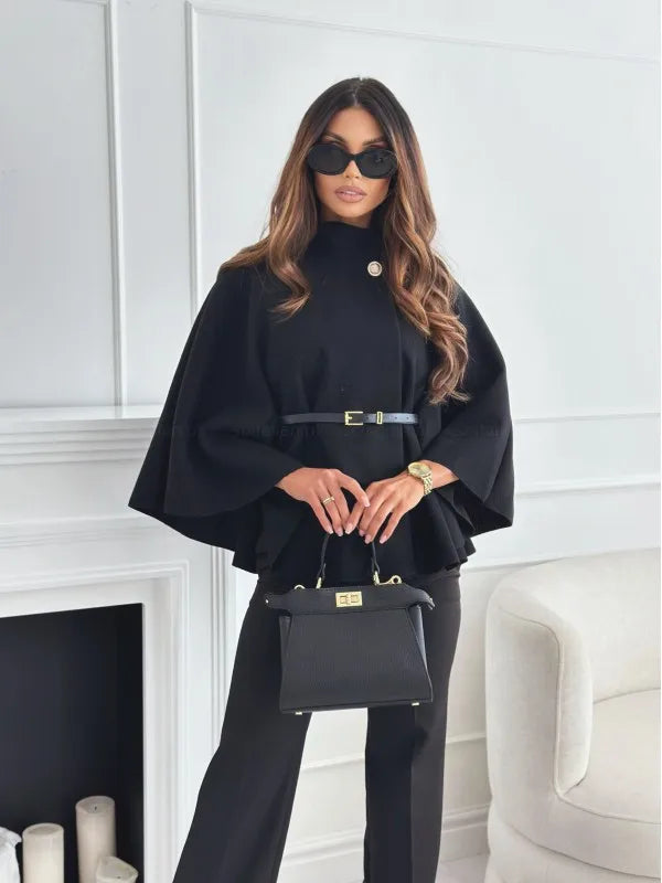 Women's Thick Turtleneck Batwing Sleeve Cape Coat with Single Button Elegant Three Quarter Length Top for Woman and Ponchos