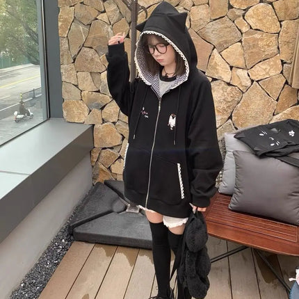 Zipper Hoodie Gothic Cartoon Kawaii Cat Ear Y2k Jacket Zip Up Thin Coat Spring Autumn Cute Core 2000s Clothes Fall Sweatshirts