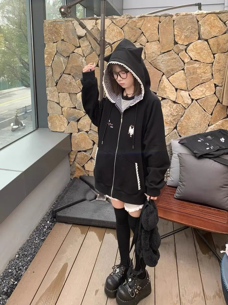 Zipper Hoodie Gothic Cartoon Kawaii Cat Ear Y2k Jacket Zip Up Thin Coat Spring Autumn Cute Core 2000s Clothes Fall Sweatshirts