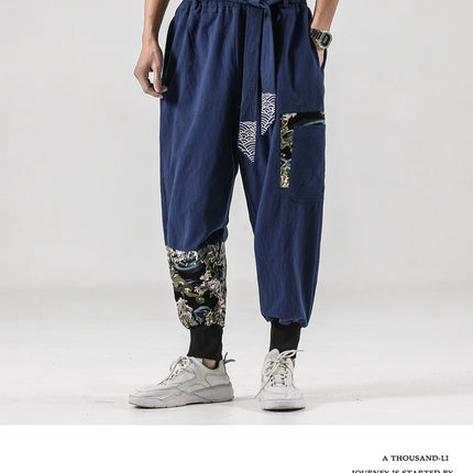 Pantaloni da uomo Costume da samurai giapponese Ukiyo-e Cintura con stampa Pantaloni stile harem da uomo in cotone e lino Pantaloni casual Harajuku da uomo Taglie forti 5XL