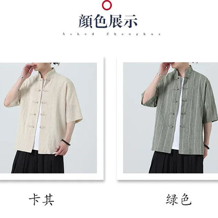 Camicie a Righe da Uomo Estive in Stile Cinese Tradizionale, Camicie Traspiranti in Lino, Abbigliamento Maschile Retrò per Kung Fu e Tai Chi, Completo Casual Tang